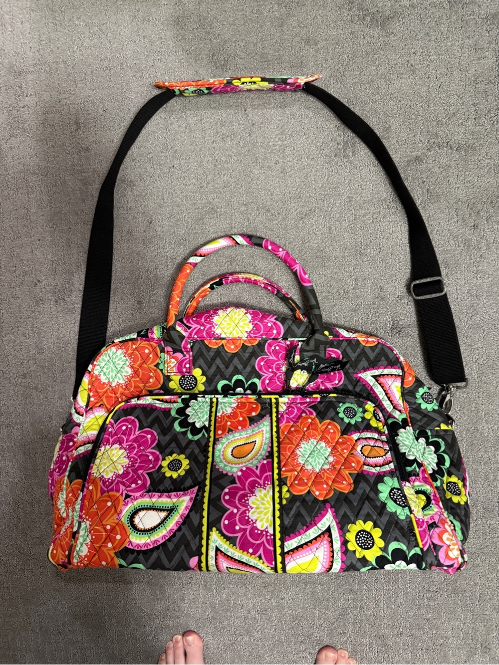 Vera Bradley Black Floral Quilted Travel Bag with Neon Accents